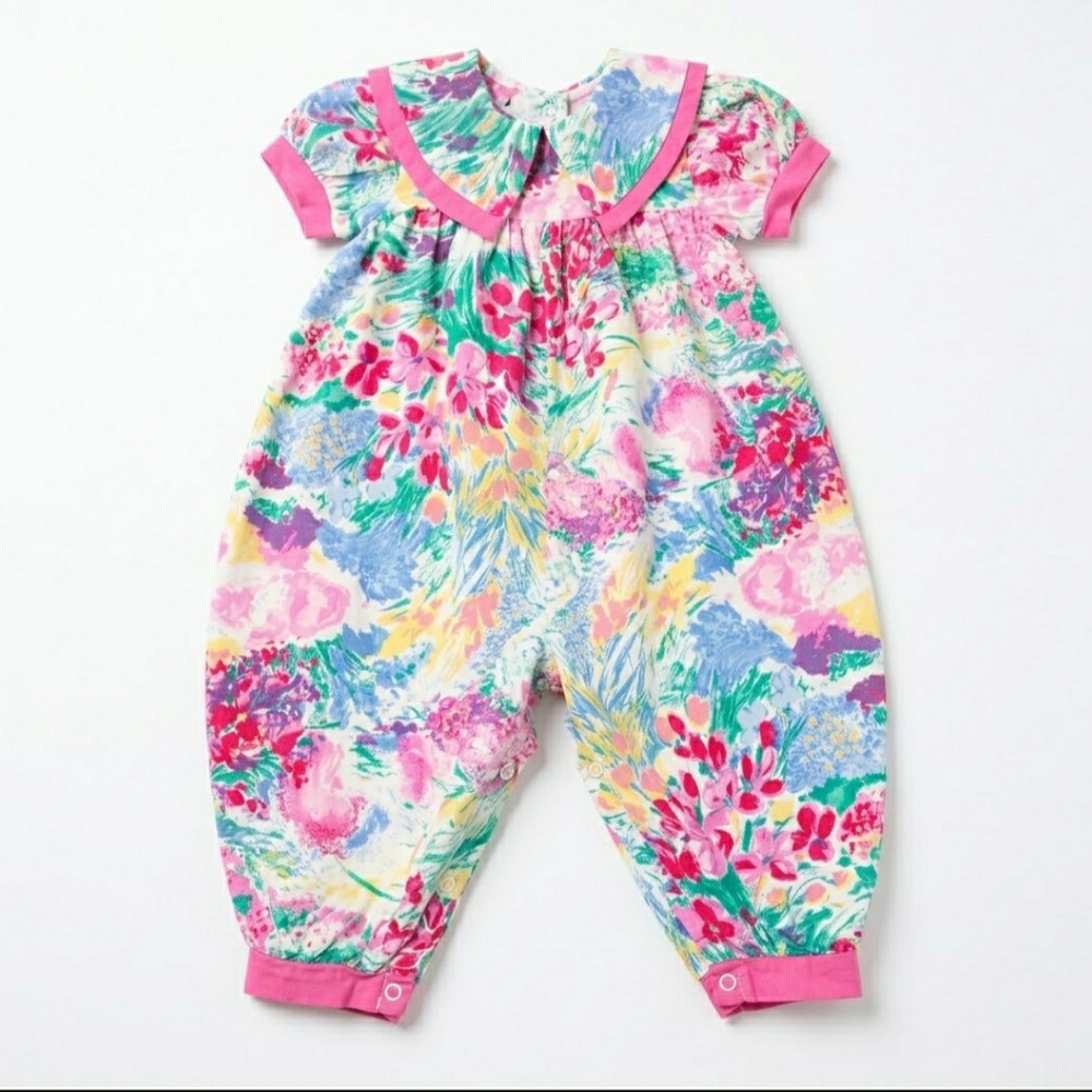Vintage Jo Lene USA Floral Romper 18 M Pink Collar Snap Bubble One Piece